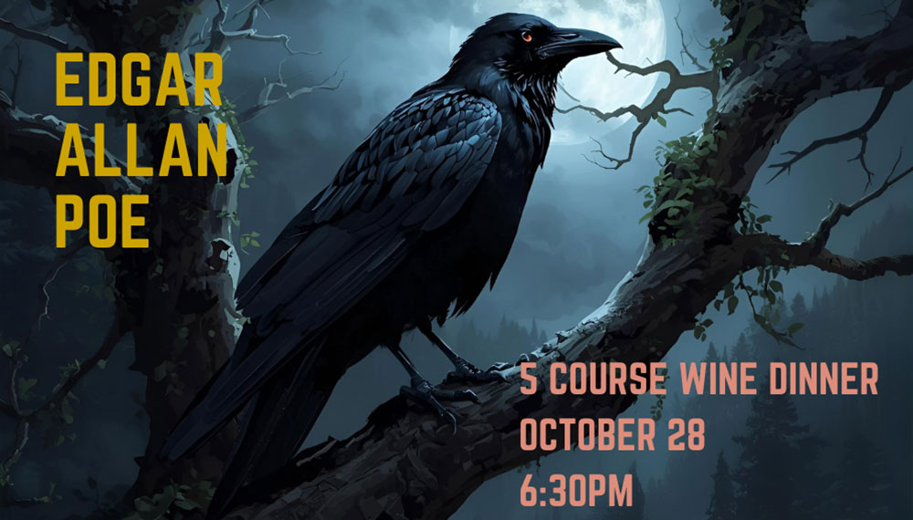 flyer for Edgar Allen Poe Dinner with a raven on it